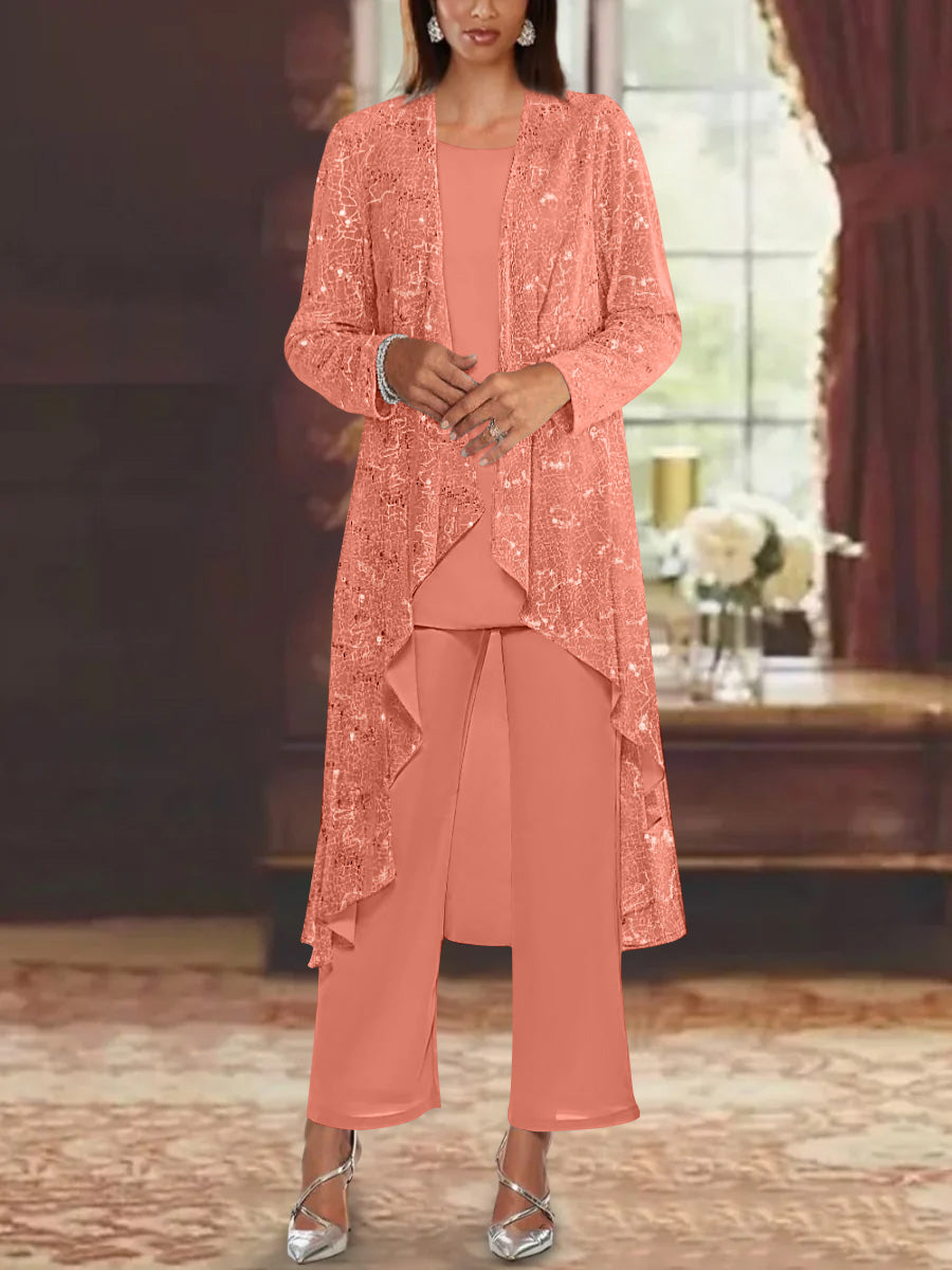 Chiffon Sequins Scoop Mother of the Bride Pantsuits with Jacket
