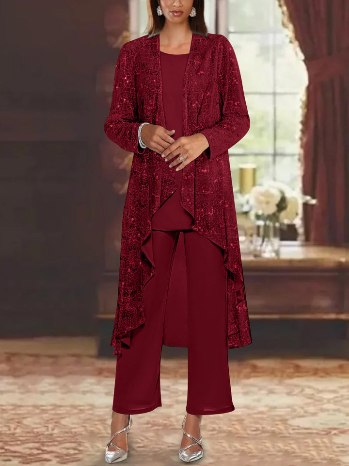 Chiffon Sequins Scoop Mother of the Bride Pantsuits with Jacket