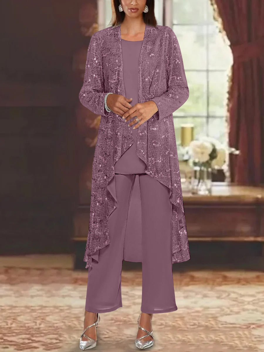 Chiffon Sequins Scoop Mother of the Bride Pantsuits with Jacket