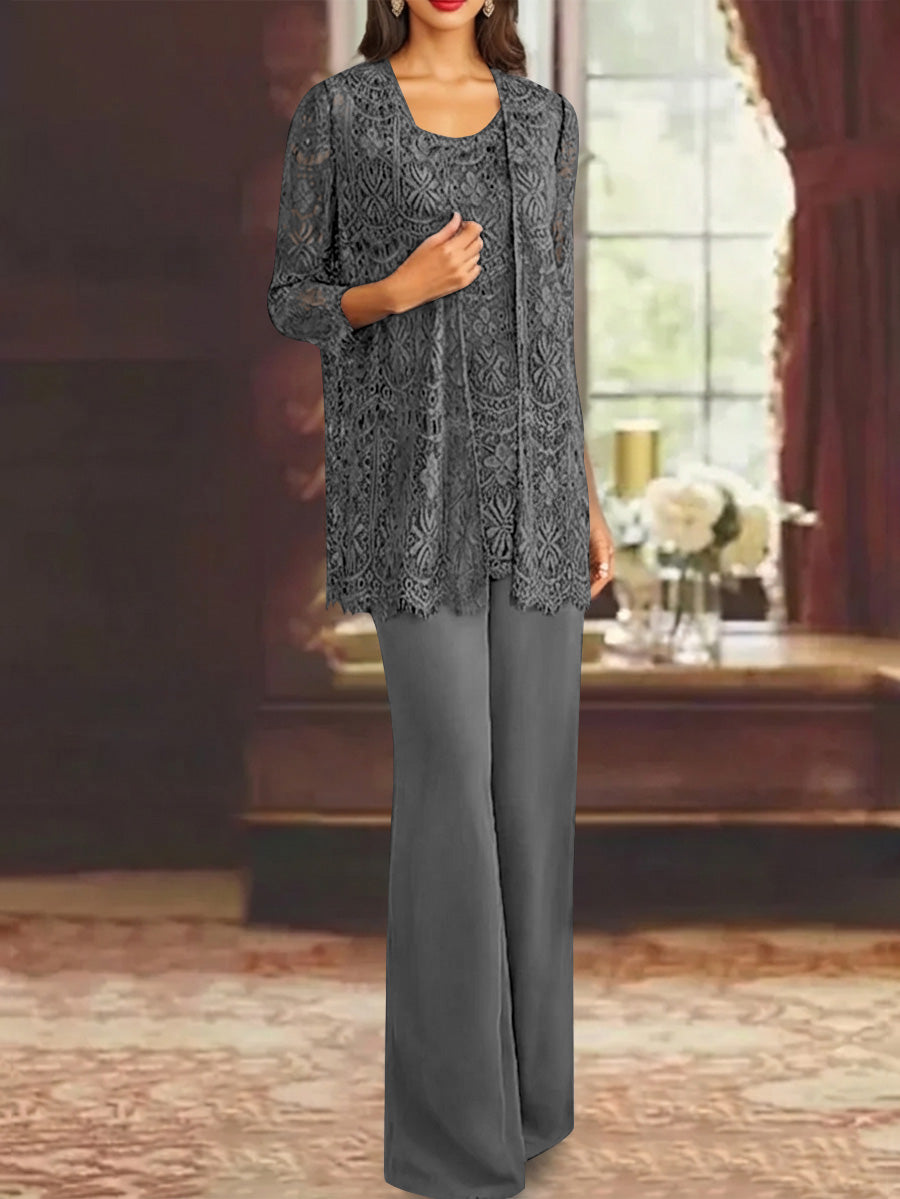 Chiffon Lace Scoop Ankle-Length Mother of the Bride Pantsuits with Jacket