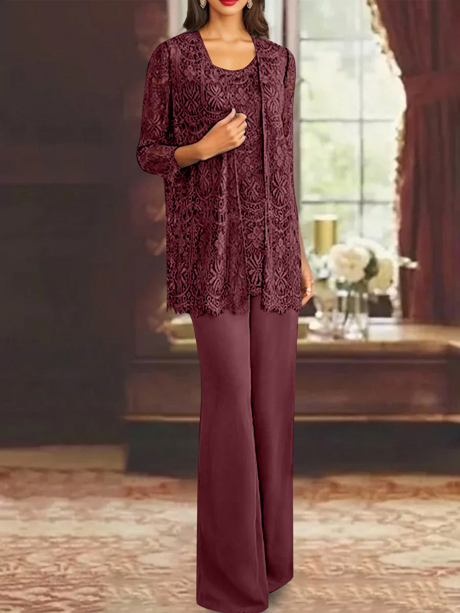Chiffon Lace Scoop Ankle-Length Mother of the Bride Pantsuits with Jacket