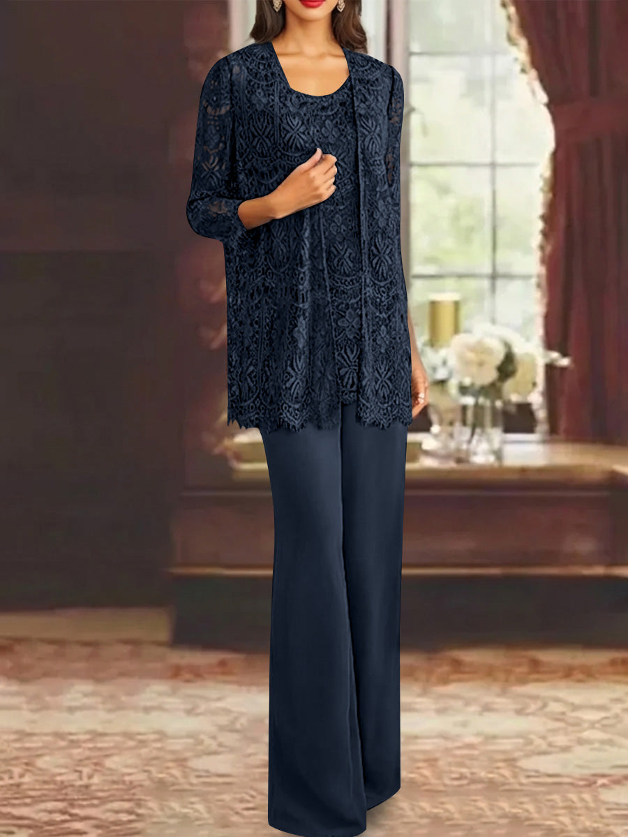 Chiffon Lace Scoop Ankle-Length Mother of the Bride Pantsuits with Jacket