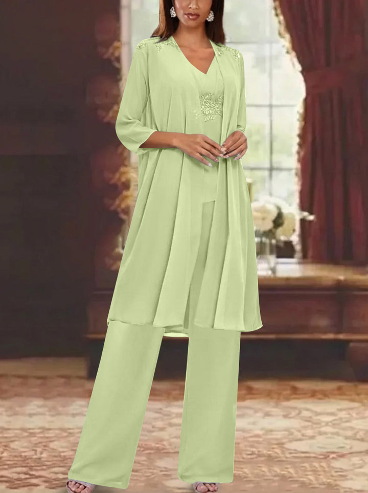 Chiffon V-Neck 3/4 Sleeves Appliques Mother of the Bride Pantsuits with Jacket Ankle-Length