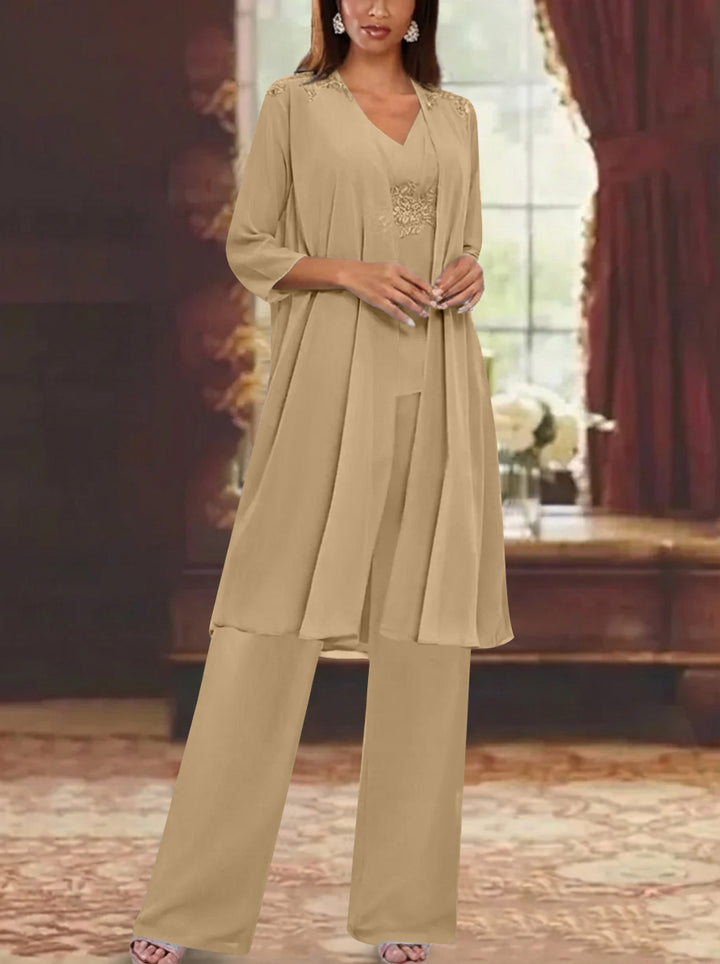 Chiffon V-Neck 3/4 Sleeves Appliques Mother of the Bride Pantsuits with Jacket Ankle-Length