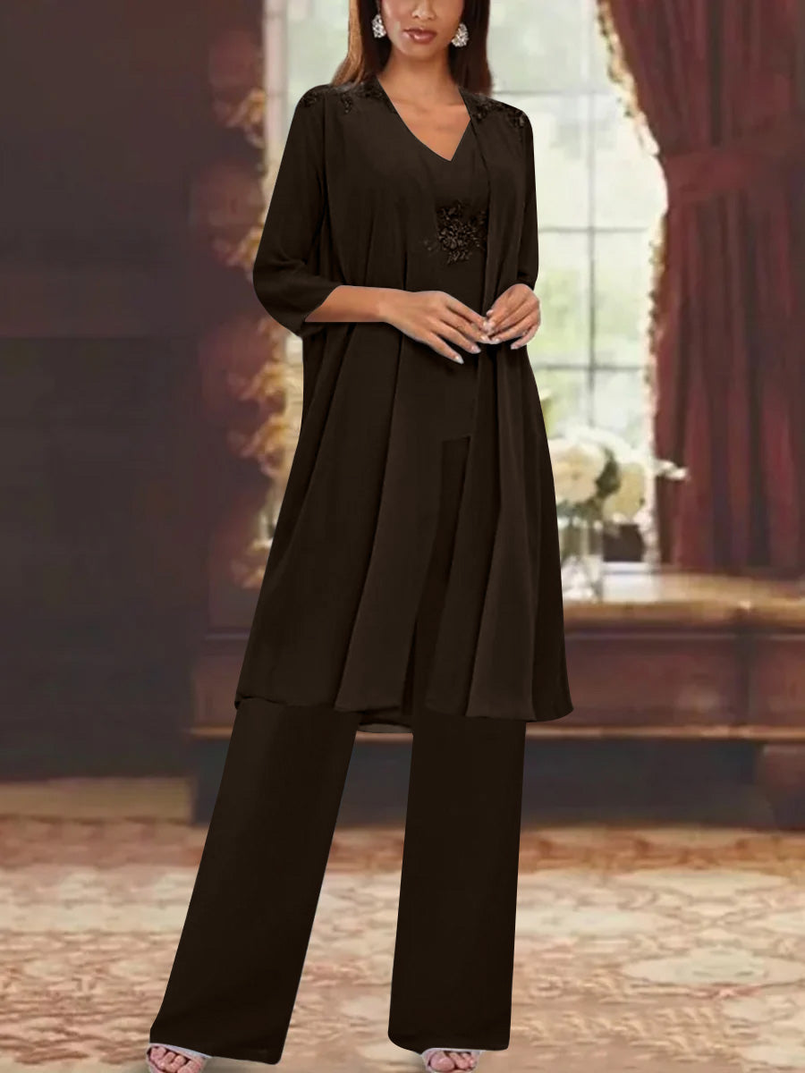 Chiffon V-Neck 3/4 Sleeves Appliques Mother of the Bride Pantsuits with Jacket Ankle-Length