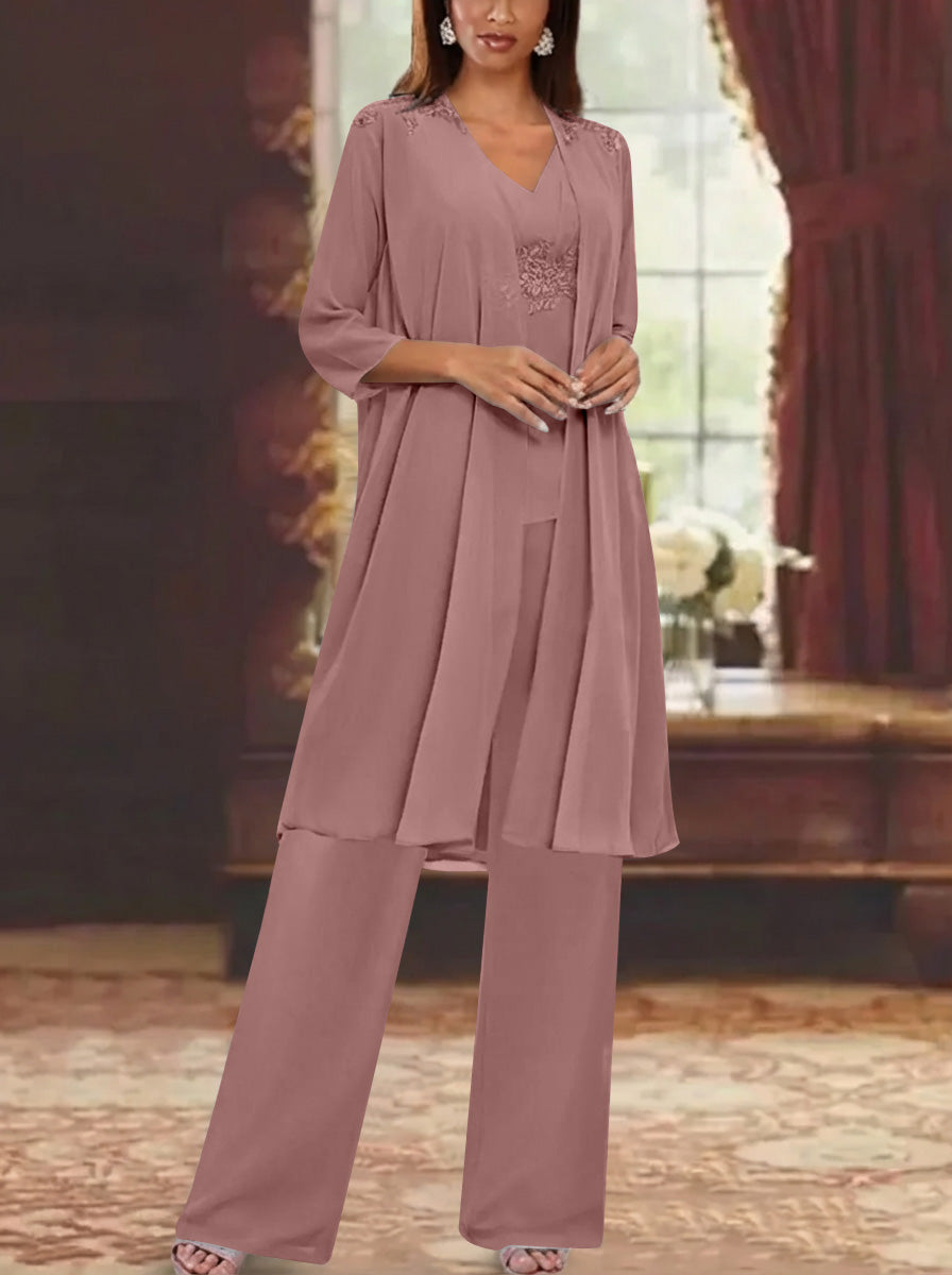 Chiffon V-Neck 3/4 Sleeves Appliques Mother of the Bride Pantsuits with Jacket Ankle-Length