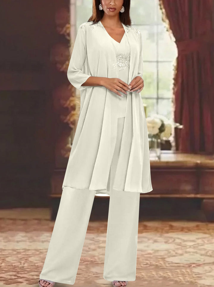 Chiffon V-Neck 3/4 Sleeves Appliques Mother of the Bride Pantsuits with Jacket Ankle-Length