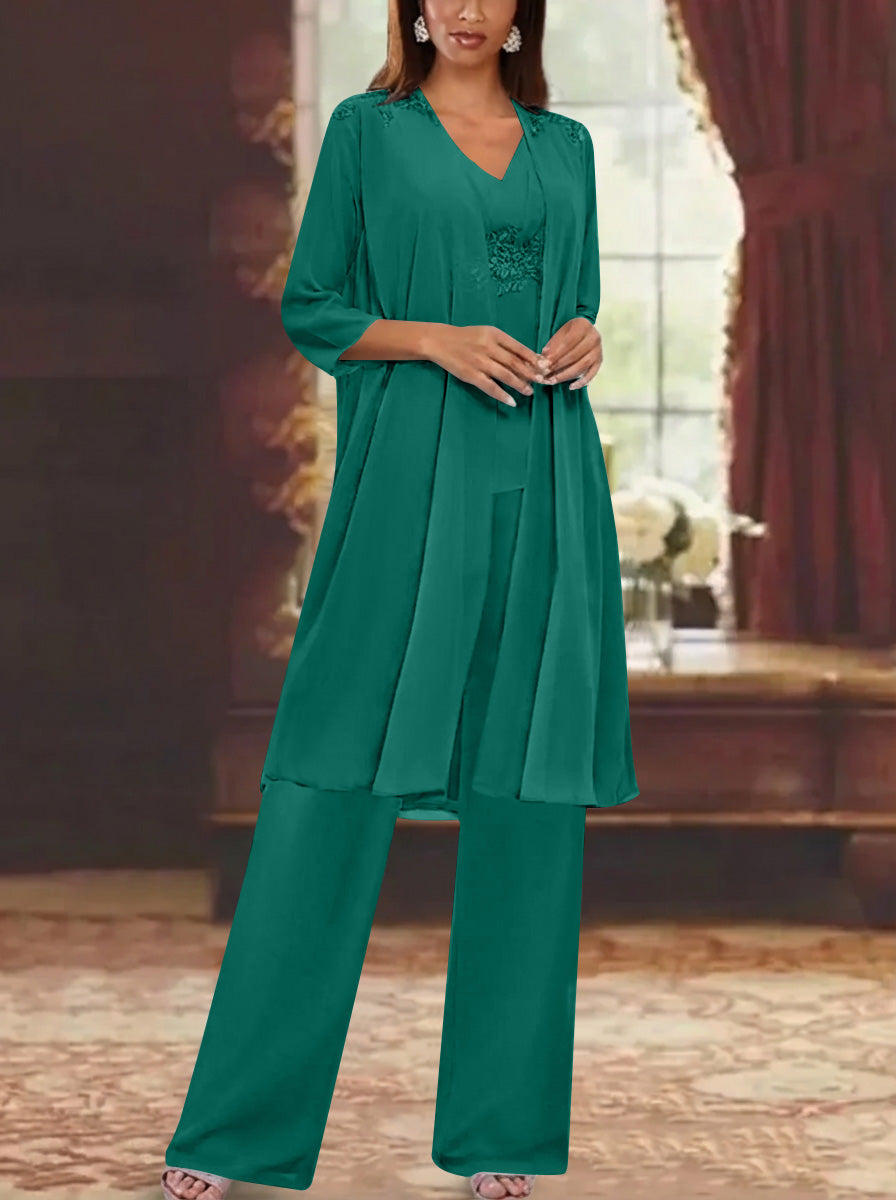 Chiffon V-Neck 3/4 Sleeves Appliques Mother of the Bride Pantsuits with Jacket Ankle-Length