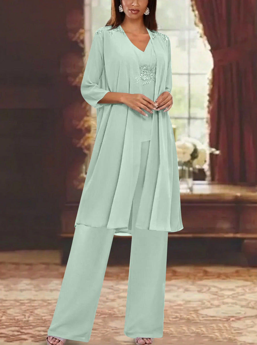 Chiffon V-Neck 3/4 Sleeves Appliques Mother of the Bride Pantsuits with Jacket Ankle-Length
