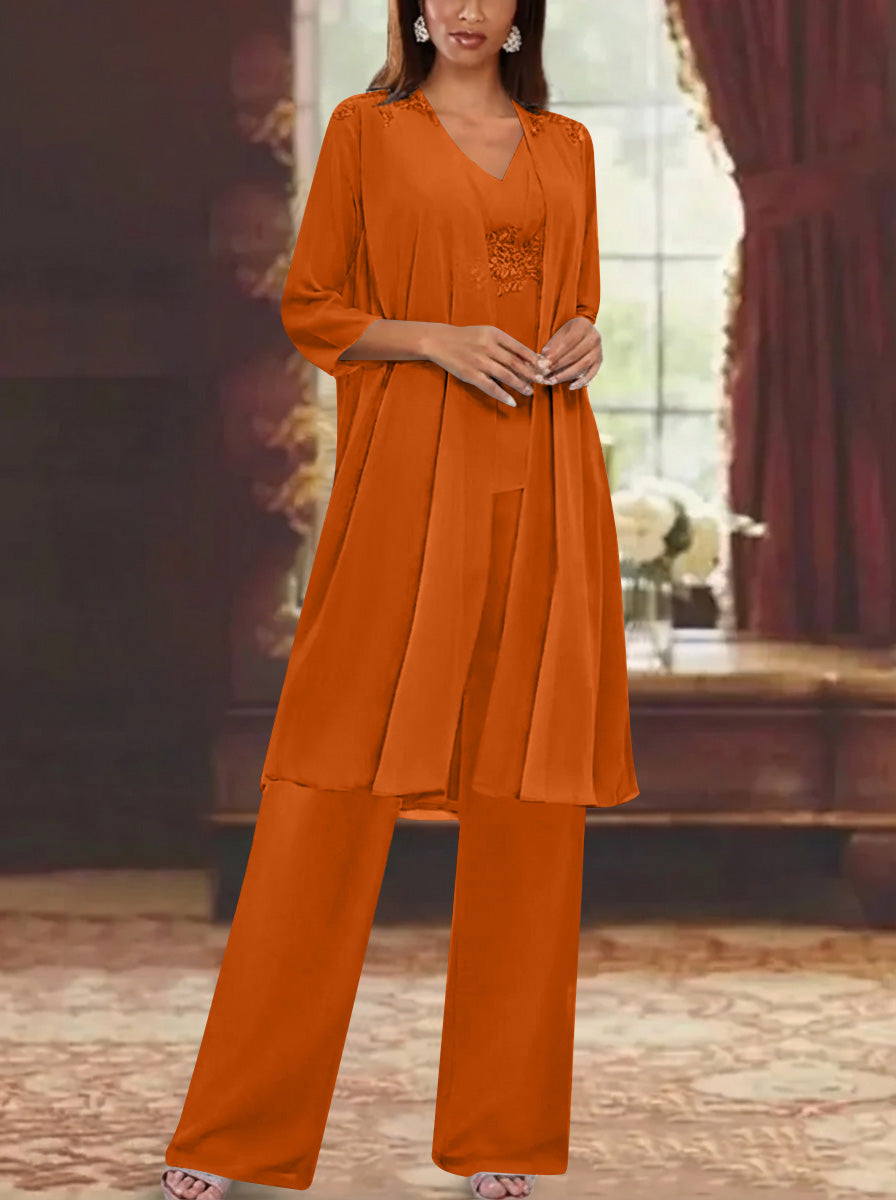 Chiffon V-Neck 3/4 Sleeves Appliques Mother of the Bride Pantsuits with Jacket Ankle-Length