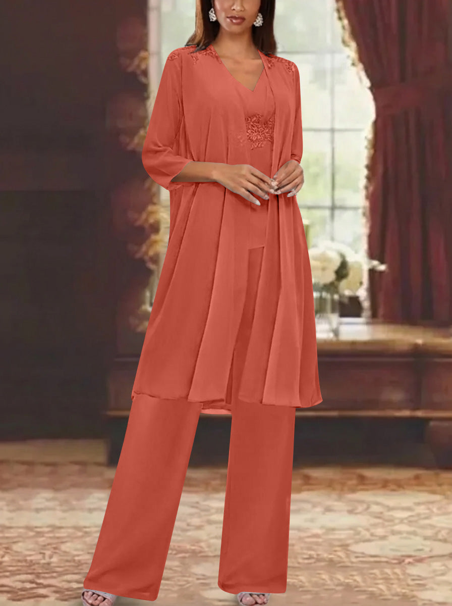 Chiffon V-Neck 3/4 Sleeves Appliques Mother of the Bride Pantsuits with Jacket Ankle-Length