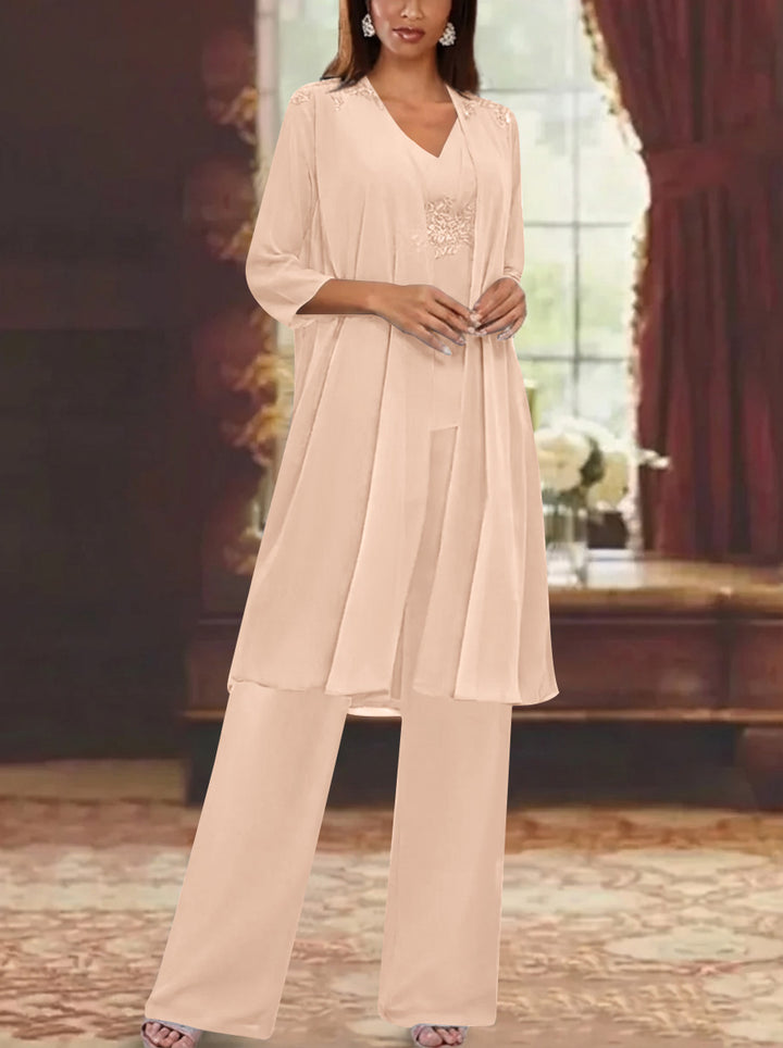 Chiffon V-Neck 3/4 Sleeves Appliques Mother of the Bride Pantsuits with Jacket Ankle-Length