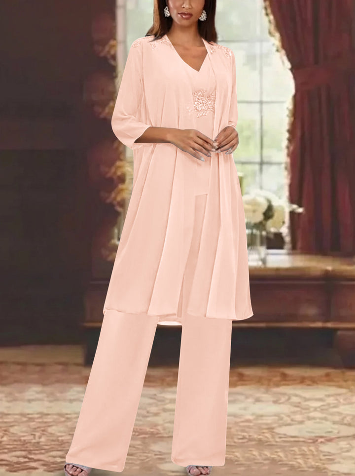 Chiffon V-Neck 3/4 Sleeves Appliques Mother of the Bride Pantsuits with Jacket Ankle-Length