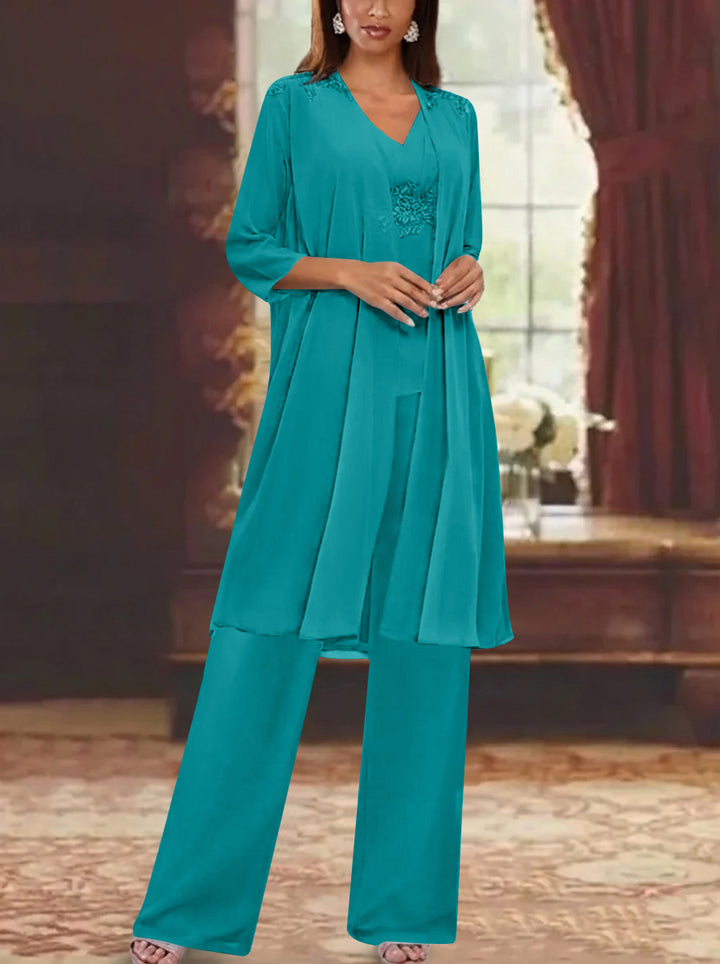 Chiffon V-Neck 3/4 Sleeves Appliques Mother of the Bride Pantsuits with Jacket Ankle-Length