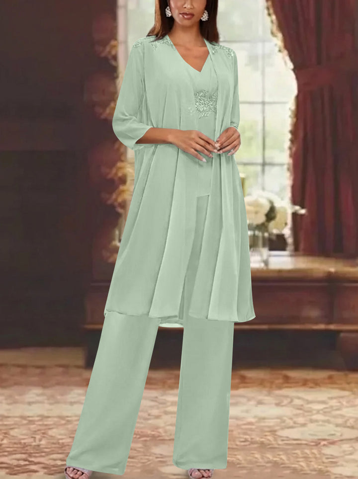Chiffon V-Neck 3/4 Sleeves Appliques Mother of the Bride Pantsuits with Jacket Ankle-Length