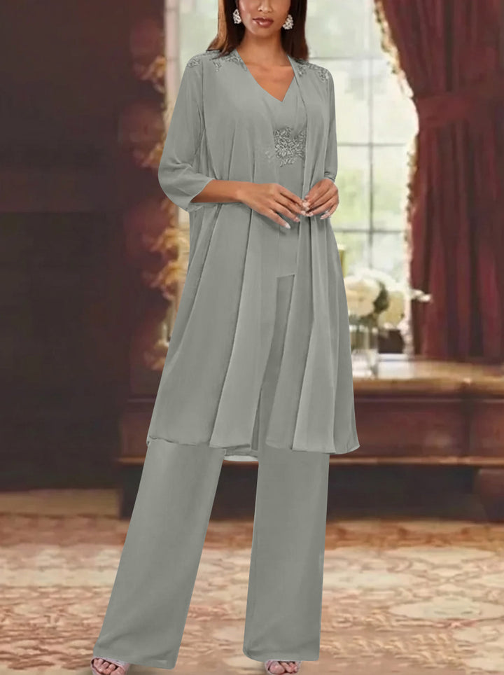 Chiffon V-Neck 3/4 Sleeves Appliques Mother of the Bride Pantsuits with Jacket Ankle-Length