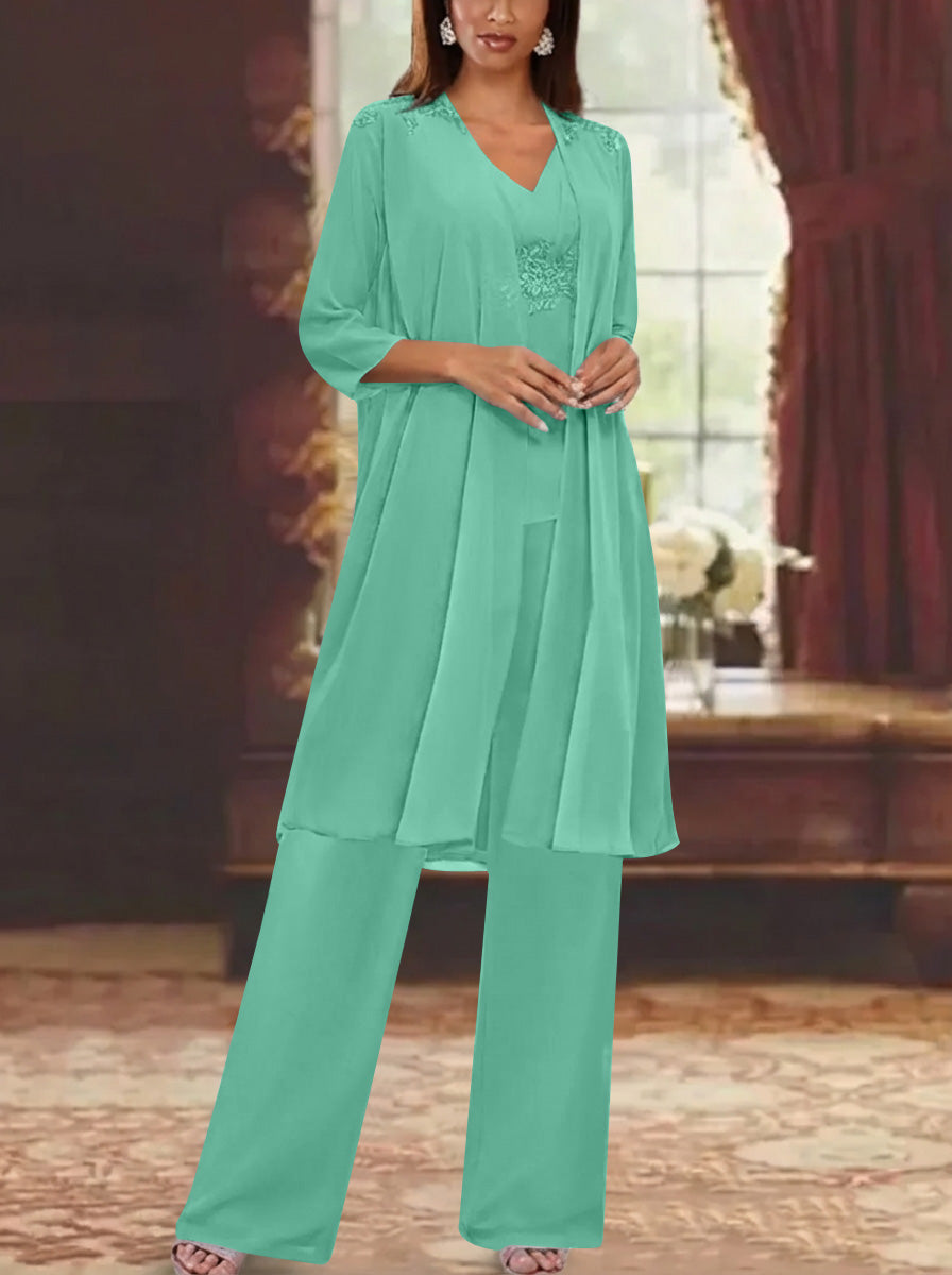 Chiffon V-Neck 3/4 Sleeves Appliques Mother of the Bride Pantsuits with Jacket Ankle-Length