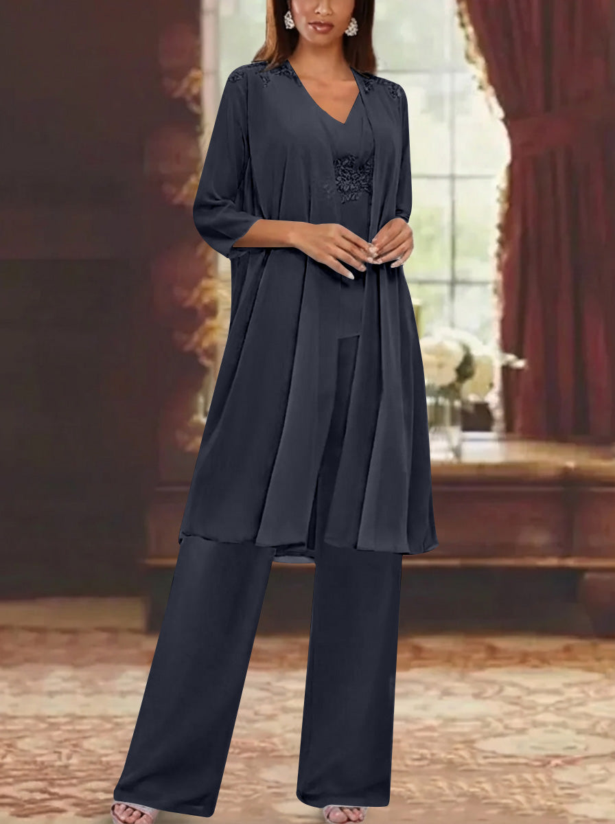 Chiffon V-Neck 3/4 Sleeves Appliques Mother of the Bride Pantsuits with Jacket Ankle-Length