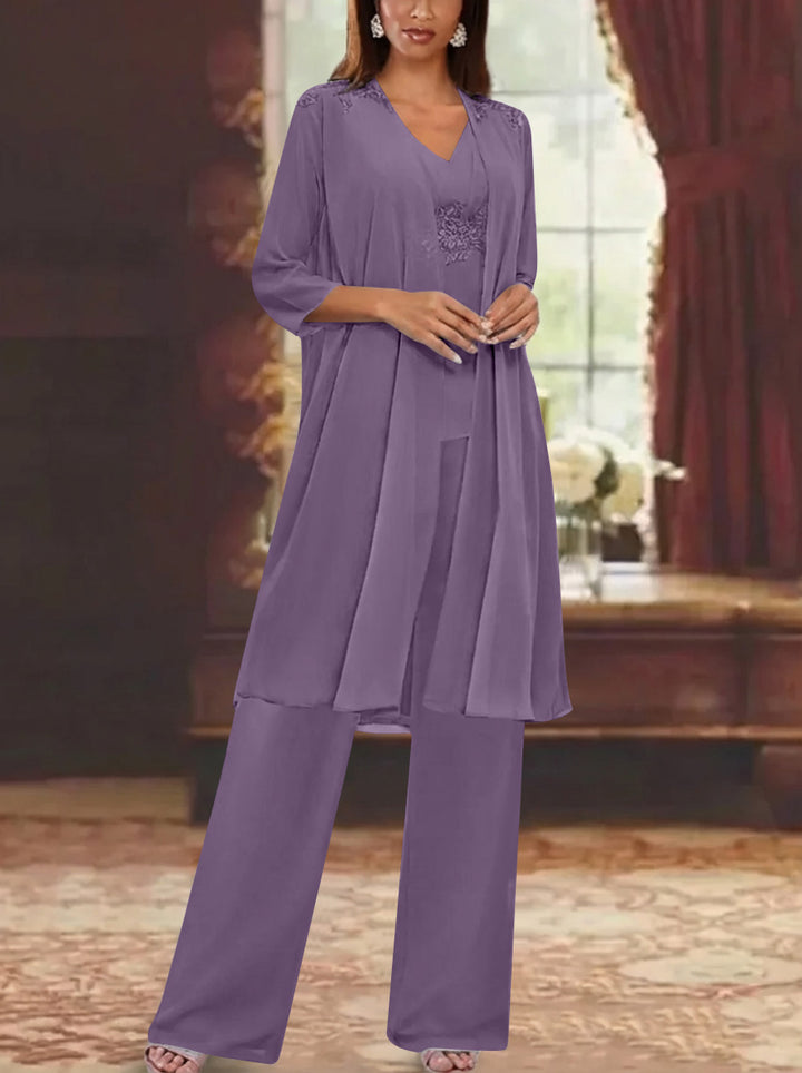 Chiffon V-Neck 3/4 Sleeves Appliques Mother of the Bride Pantsuits with Jacket Ankle-Length