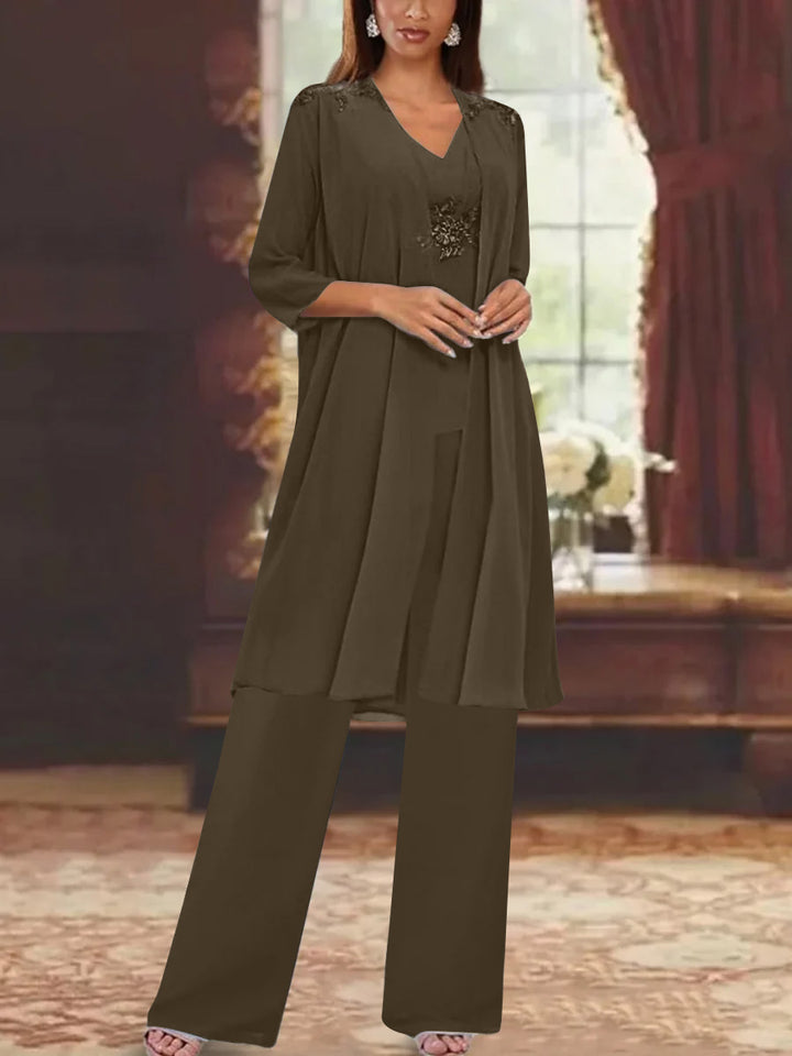 Chiffon V-Neck 3/4 Sleeves Appliques Mother of the Bride Pantsuits with Jacket Ankle-Length