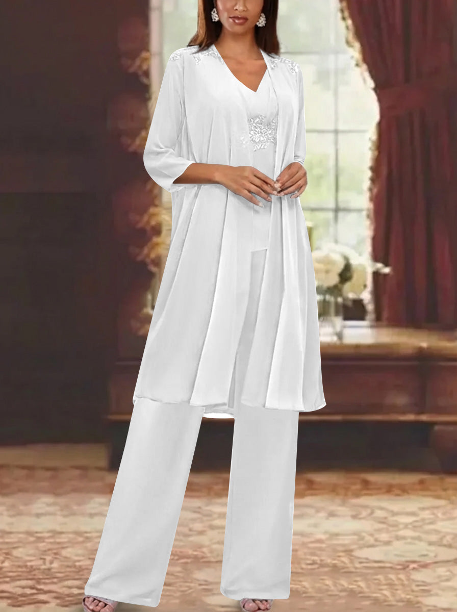 Chiffon V-Neck 3/4 Sleeves Appliques Mother of the Bride Pantsuits with Jacket Ankle-Length
