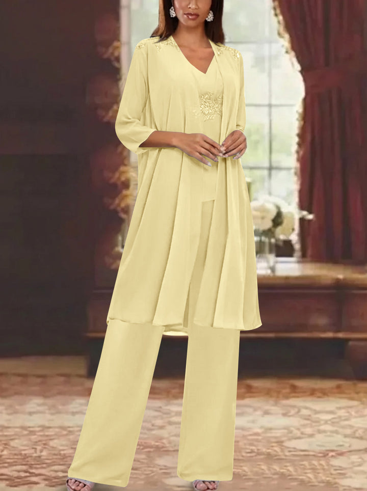 Chiffon V-Neck 3/4 Sleeves Appliques Mother of the Bride Pantsuits with Jacket Ankle-Length