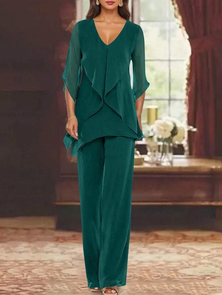 Chiffon V-Neck Half Sleeves Mother of the Bride Pantsuits with Ruffles Ankle-Length