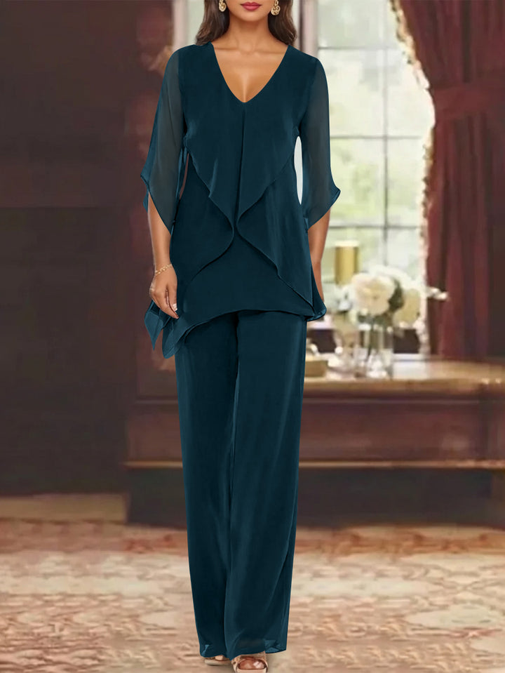 Chiffon V-Neck Half Sleeves Mother of the Bride Pantsuits with Ruffles Ankle-Length