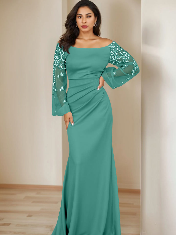 Sheath/Column Scoop Floor-Length Mother of the Bride Dresses Long Sleeves Pleats