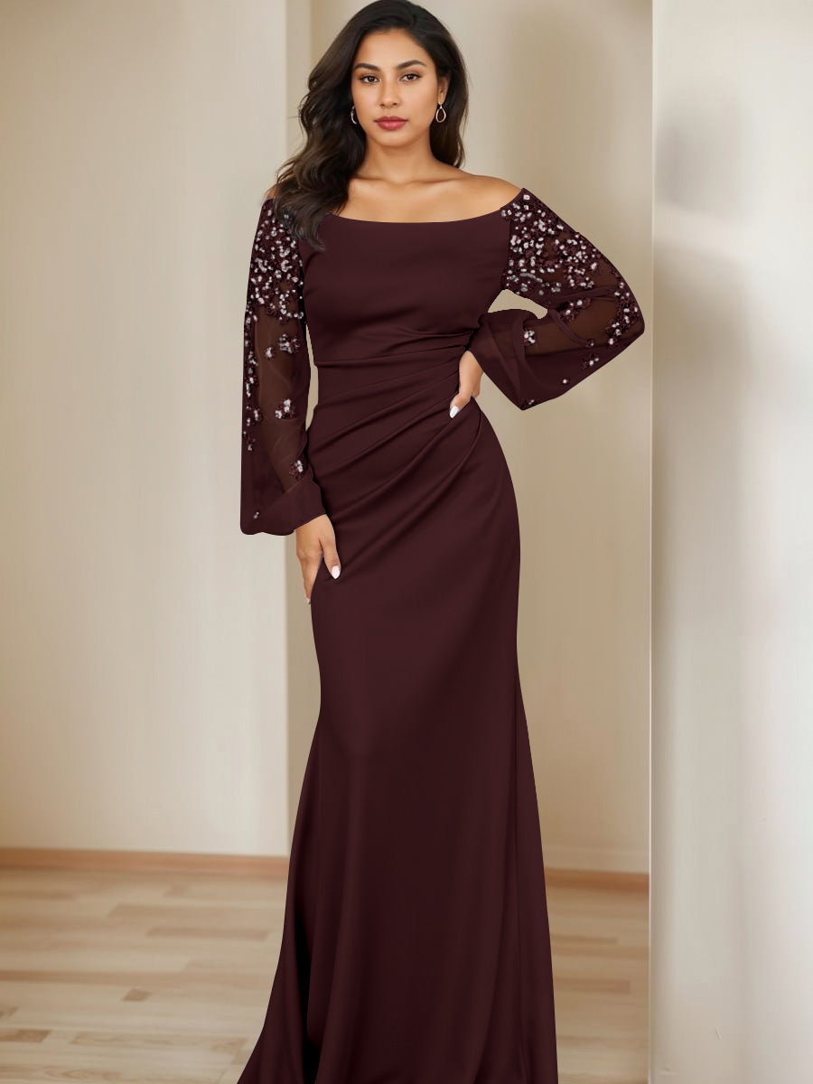Sheath/Column Scoop Floor-Length Mother of the Bride Dresses Long Sleeves Pleats Burnt Orange