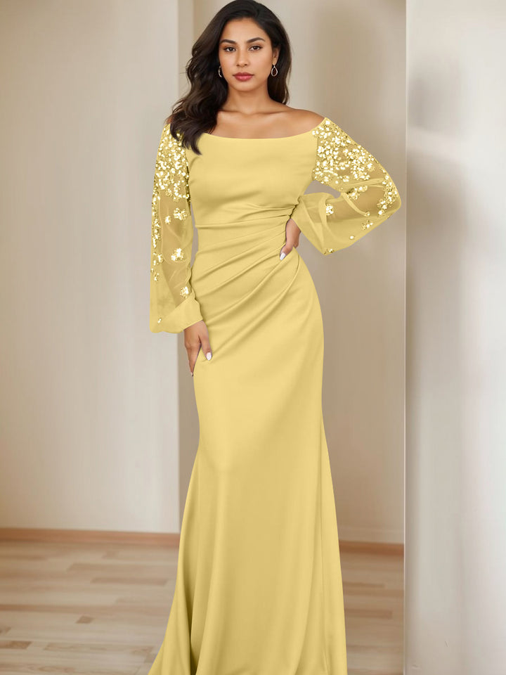 Sheath/Column Scoop Floor-Length Mother of the Bride Dresses Long Sleeves Pleats