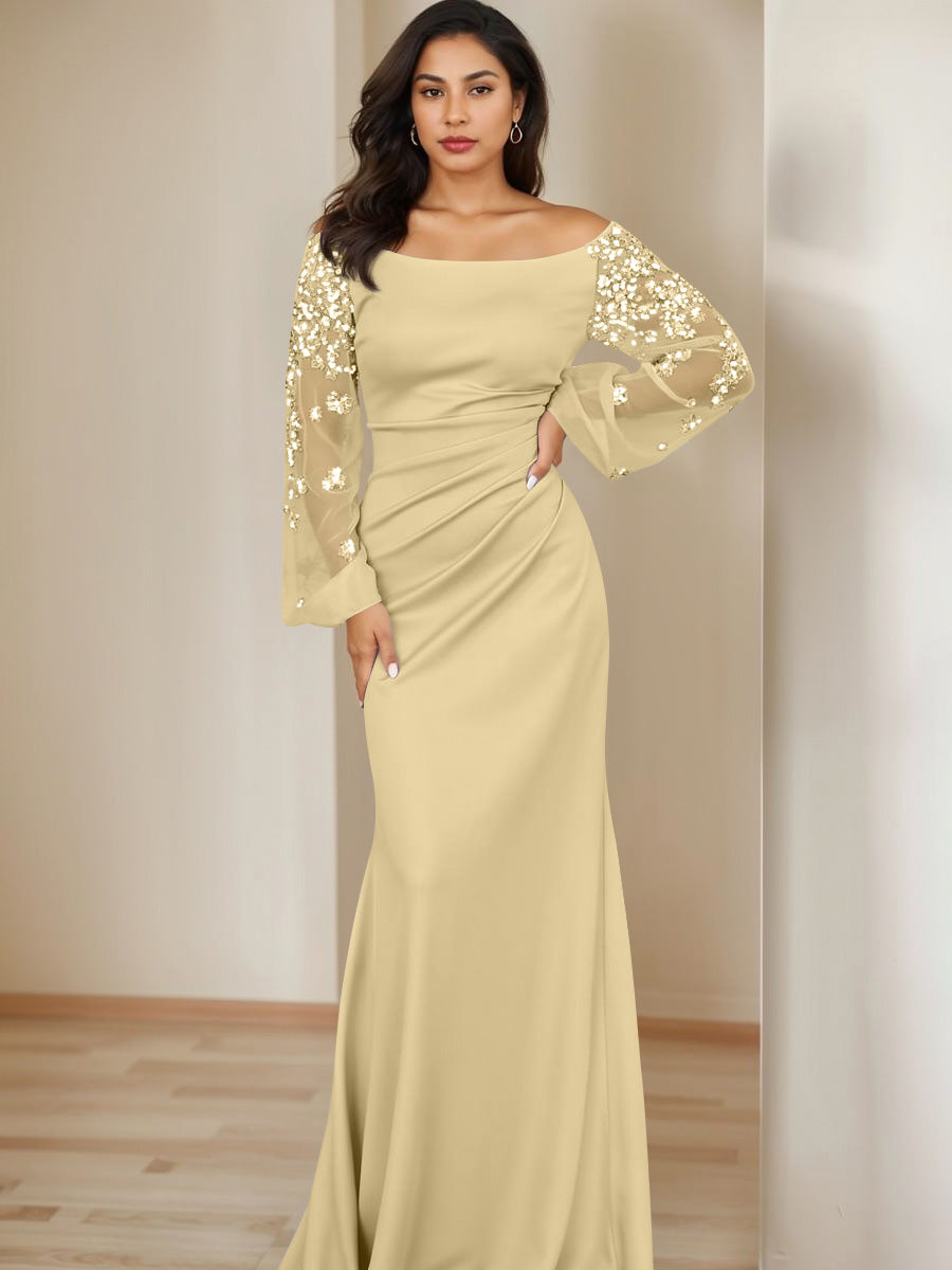 Sheath/Column Scoop Floor-Length Mother of the Bride Dresses Long Sleeves Pleats