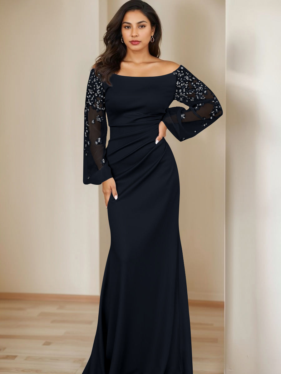 Long Sleeves Mother of the Bride Dresses for Women Sheath/Column Formal Dress Scoop Floor-Length Elegant Wedding Guest Evening Gowns with Ruched, As