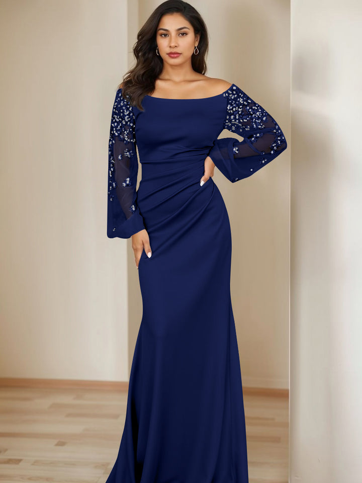 Sheath/Column Scoop Floor-Length Mother of the Bride Dresses Long Sleeves Pleats