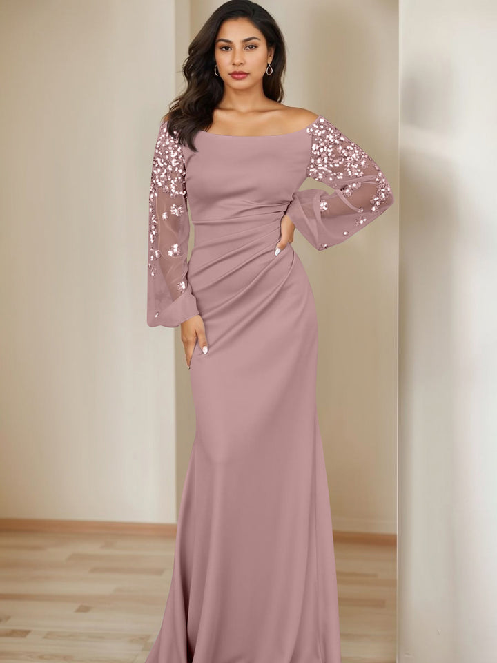 Sheath/Column Scoop Floor-Length Mother of the Bride Dresses Long Sleeves Pleats