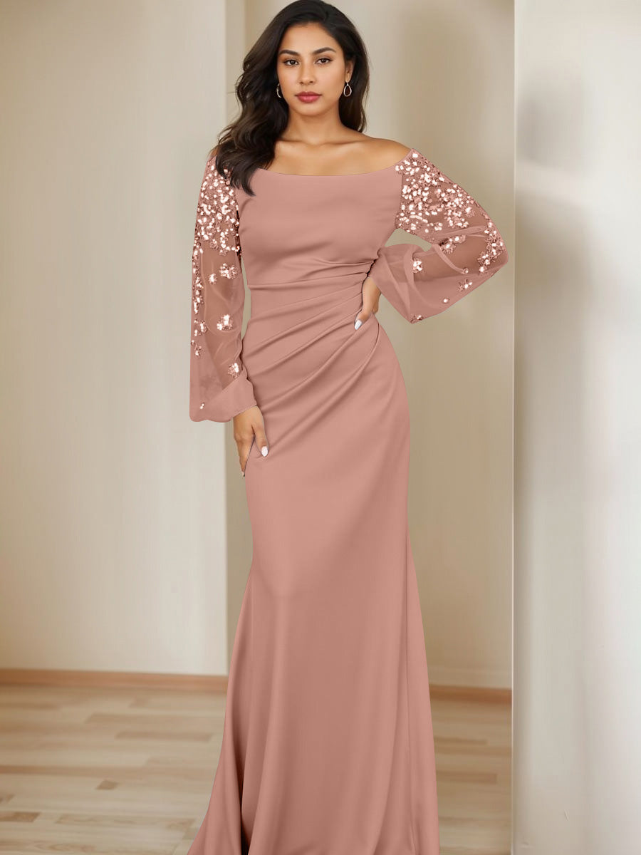 Sheath/Column Scoop Floor-Length Mother of the Bride Dresses Long Sleeves Pleats