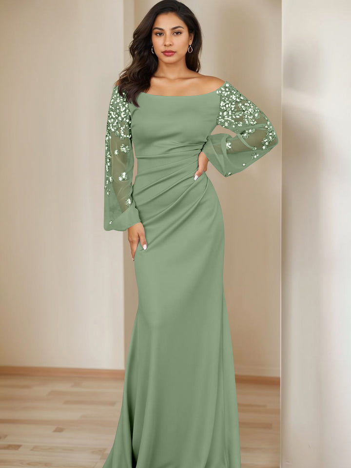 Sheath/Column Scoop Floor-Length Mother of the Bride Dresses Long Sleeves Pleats