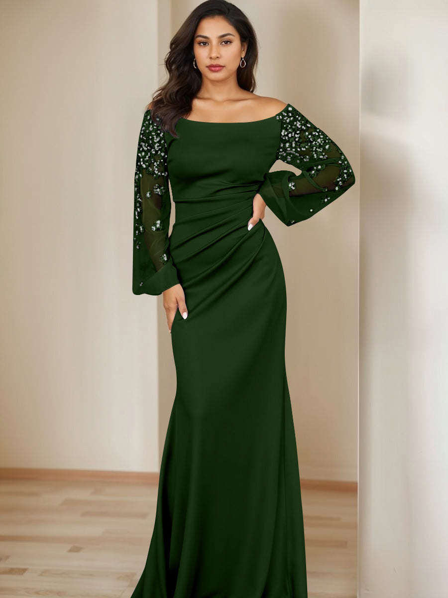 Sheath/Column Scoop Floor-Length Mother of the Bride Dresses Long Sleeves Pleats