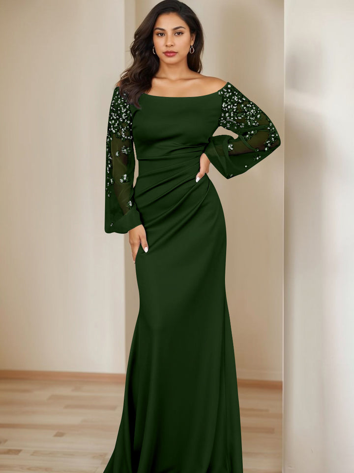 Sheath/Column Scoop Floor-Length Mother of the Bride Dresses Long Sleeves Pleats