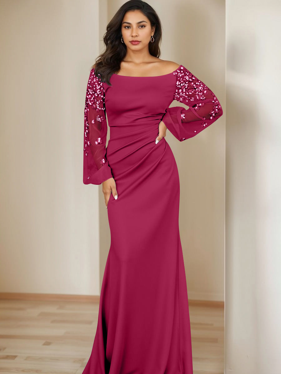 Sheath/Column Scoop Floor-Length Mother of the Bride Dresses Long Sleeves Pleats