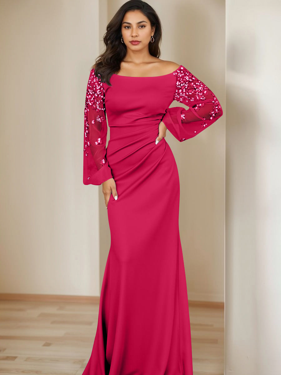 Sheath/Column Scoop Floor-Length Mother of the Bride Dresses Long Sleeves Pleats