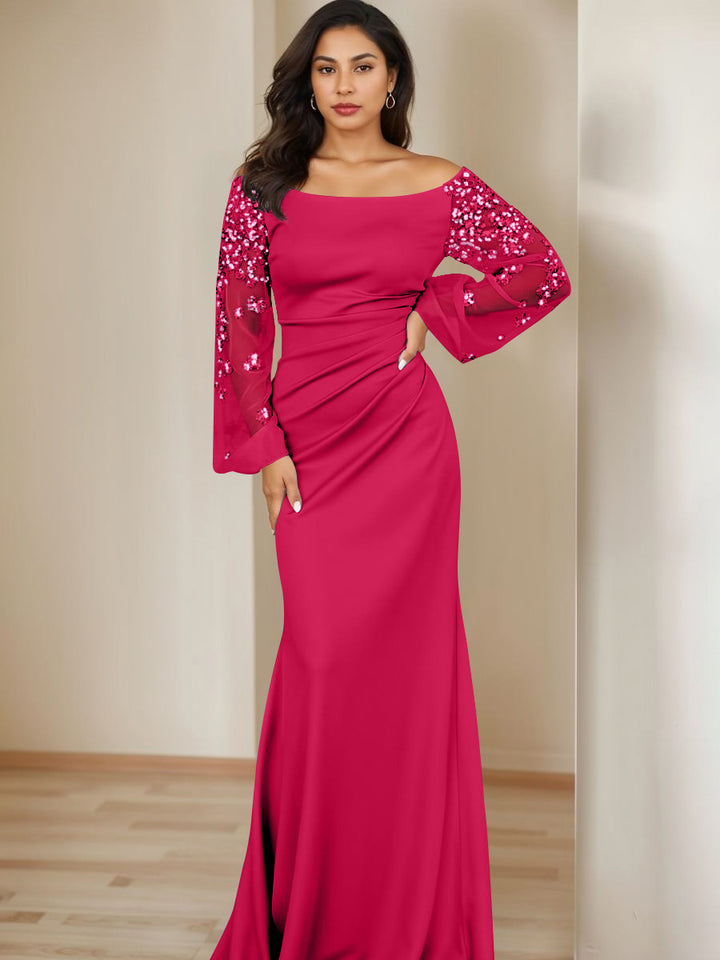 Sheath/Column Scoop Floor-Length Mother of the Bride Dresses Long Sleeves Pleats