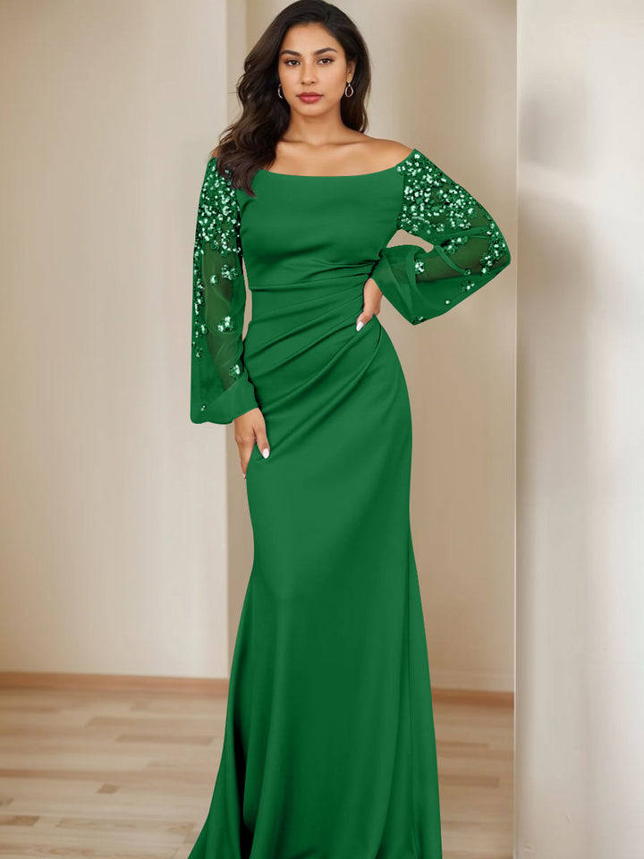 Sheath/Column Scoop Floor-Length Mother of the Bride Dresses Long Sleeves Pleats