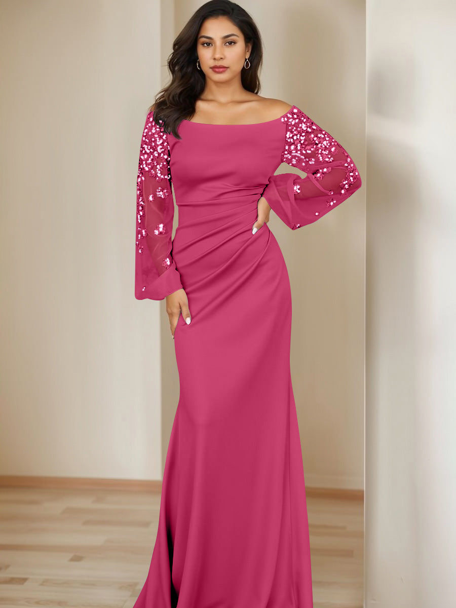 Sheath/Column Scoop Floor-Length Mother of the Bride Dresses Long Sleeves Pleats