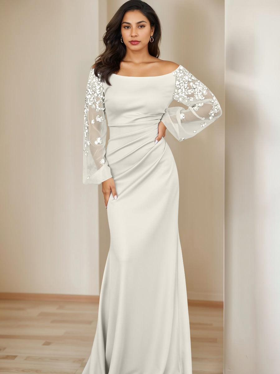 Sheath/Column Scoop Floor-Length Mother of the Bride Dresses Long Sleeves Pleats