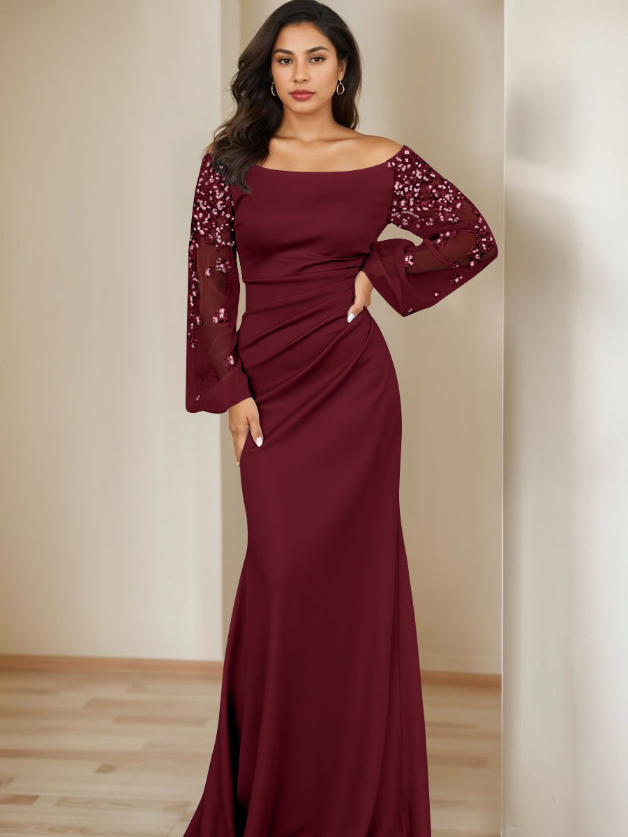 Long Sleeves Mother of the Bride Dresses for Women Sheath/Column Formal Dress Scoop Floor-Length Elegant Wedding Guest Evening Gowns with Ruched, As Long Sleeves Mother of the Bride Dresses for Women Sheath/Column Formal Dress Scoop Floor-Length Elegant Wedding Guest Evening Gowns with Ruched, As