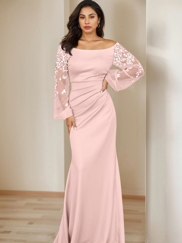 Sheath/Column Scoop Floor-Length Mother of the Bride Dresses Long Sleeves Pleats