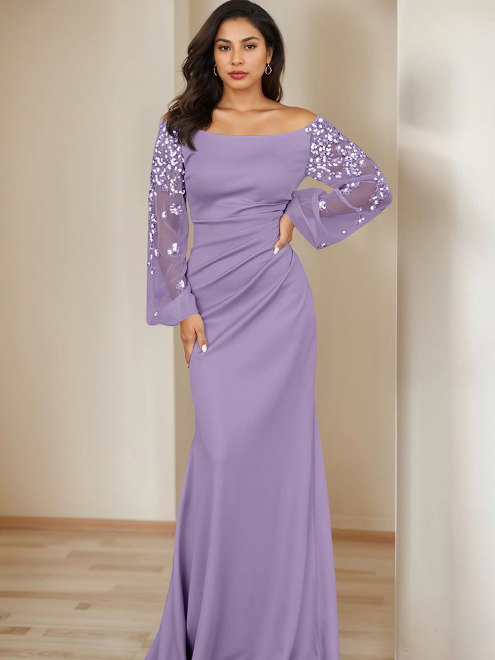 Sheath/Column Scoop Floor-Length Mother of the Bride Dresses Long Sleeves Pleats