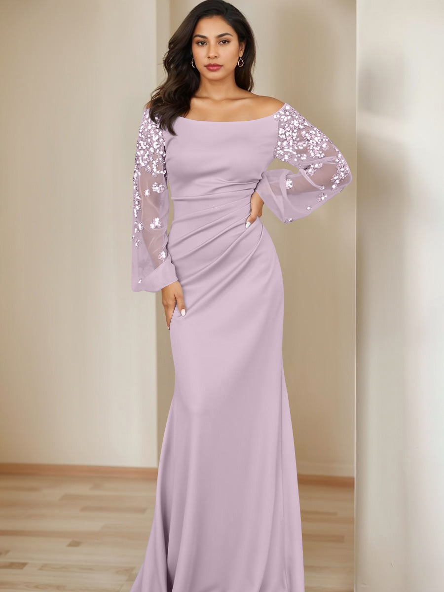 Sheath/Column Scoop Floor-Length Mother of the Bride Dresses Long Sleeves Pleats