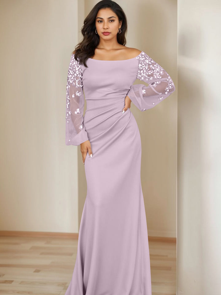 Sheath/Column Scoop Floor-Length Mother of the Bride Dresses Long Sleeves Pleats